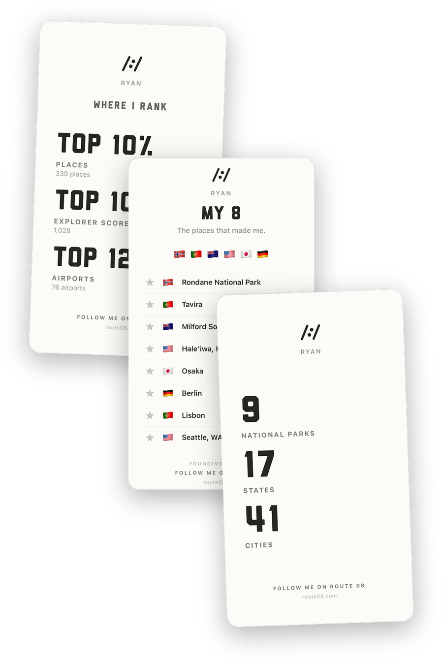 Three Route 08 Story cards: where I rank, My 8, and 9 national parks, 17 states, 41 cities.