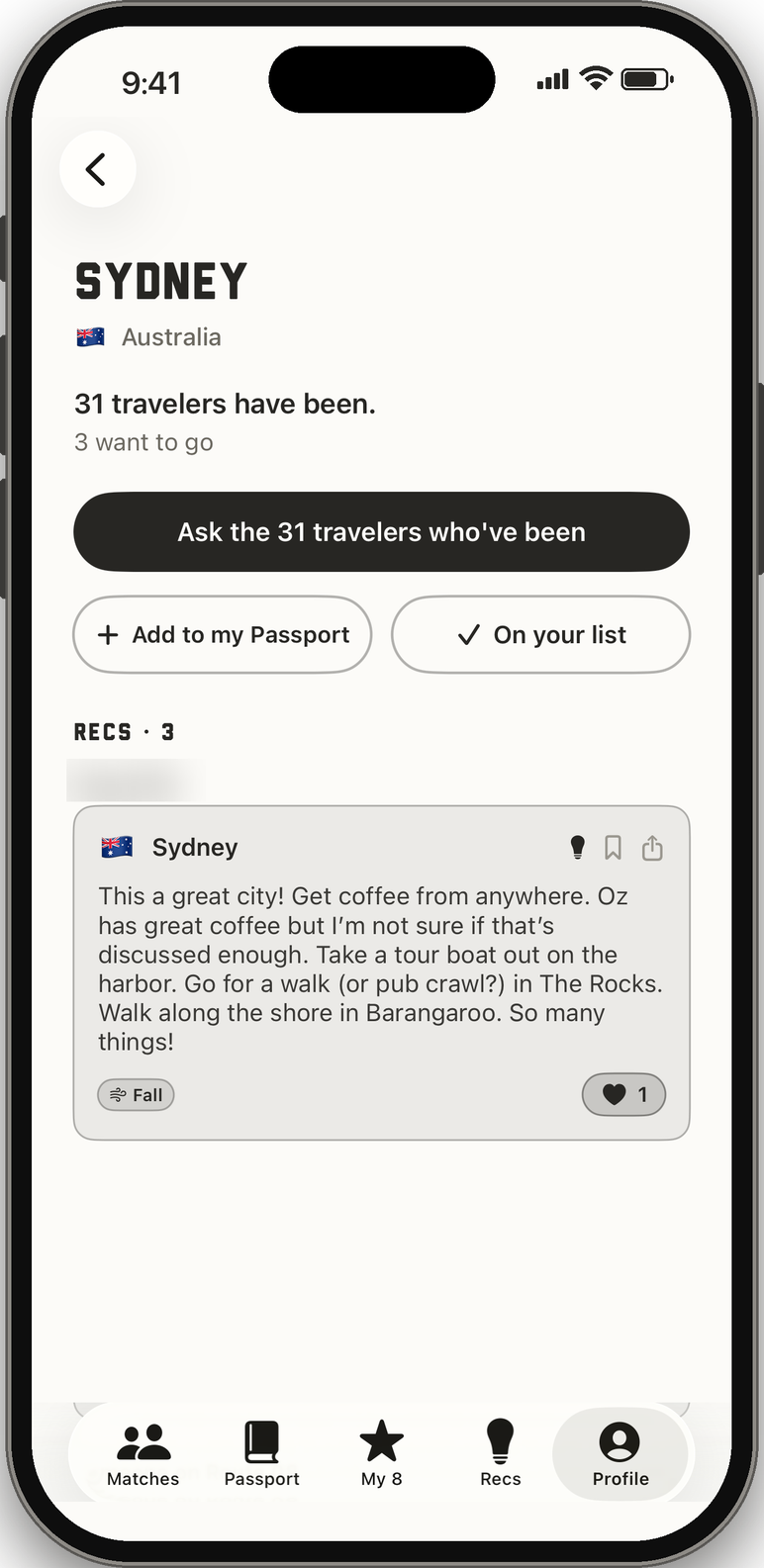 Sydney's place page in Route 08, with a rec from a traveler.