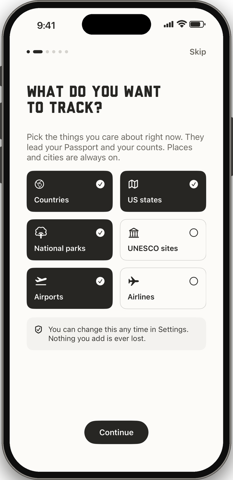 Pick what you track in Route 08: countries, US states, national parks, UNESCO sites, airports, airlines.