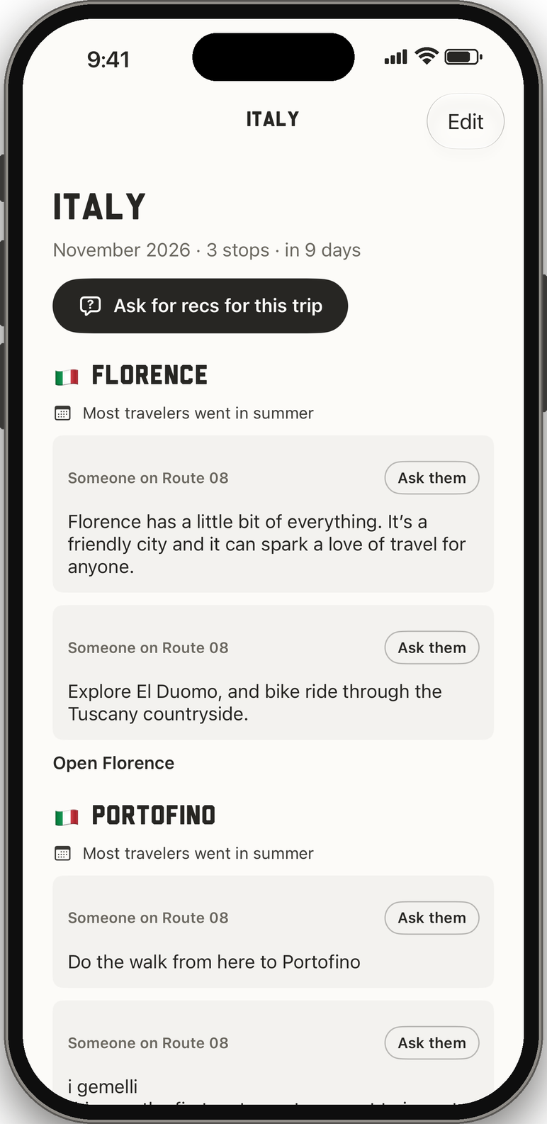 A Route 08 trip to Italy: Florence and Portofino, with recs from travelers who've been and when most of them went.